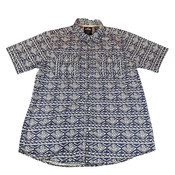 XRAY Jeans Shirt Mens Large Blue White Short Sleeve Slim Fit Patterned Cotton - Picture 1 of 9